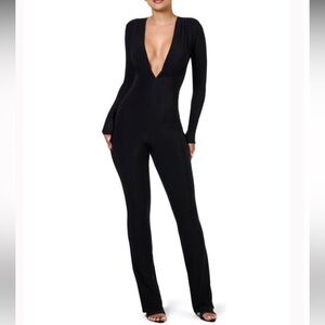 Naked Wardrobe Black Deep V-Neck Long Sleeve Jumpsuit